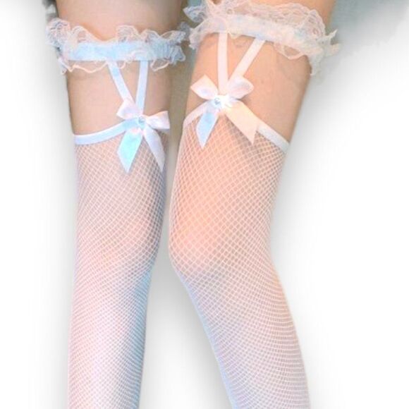 White Satin Bow Ruffle Garters Thigh High Belt Fishnet Stockings NEW - Picture 1 of 4